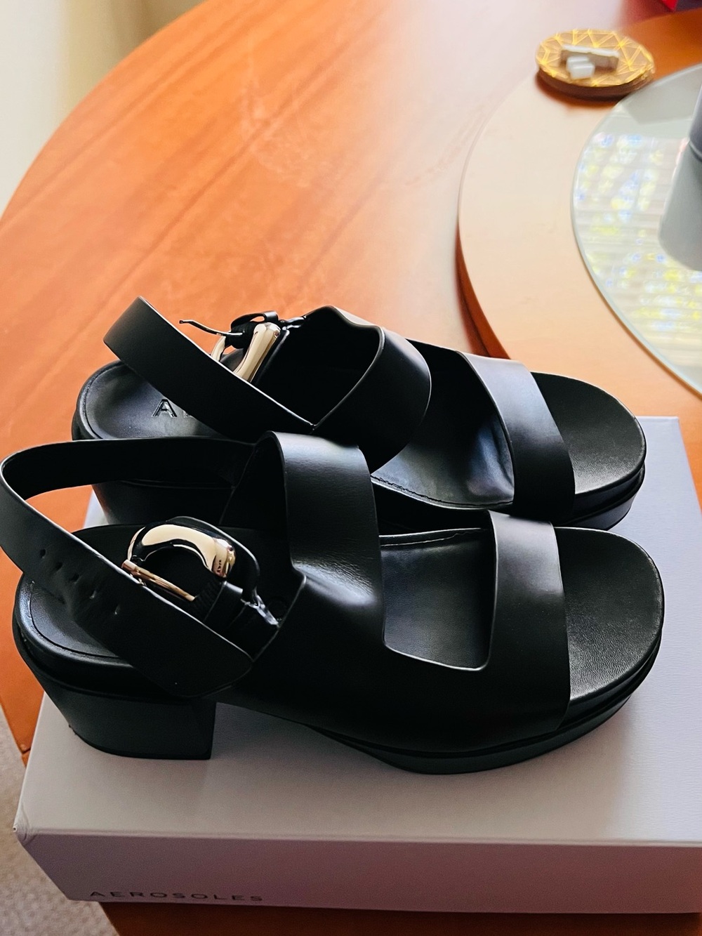 AEROSOLES Black Leather Slingback Platform Sandals with Buckle